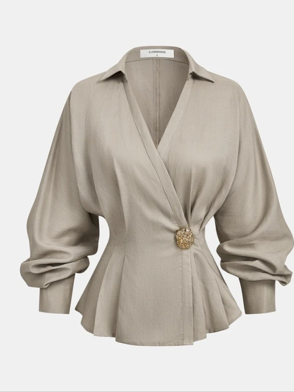 Commense Blouse Top Balloon Sleeve Peplum Linen Gold Statement Button Tan XL NWT